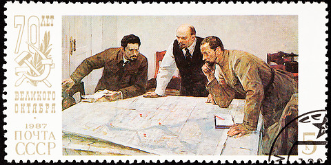 Image showing Soviet Russia Postage Stamp Lenin Planning Battle Strategy Map