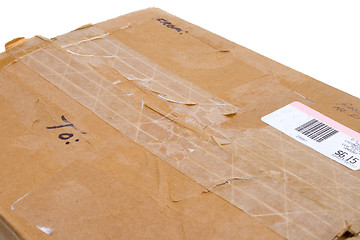 Image showing Grungy Old Cardboard Box To From Metered Isolated