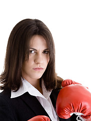 Image showing Angry Woman Suit, Boxing Gloves, Isolated White