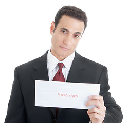 Image showing Sincere Caucasian Man Looking at Camera Holding Envelope, Isolat