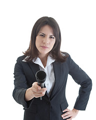 Image showing Skeptical Woman Holding Microphone Isolated White