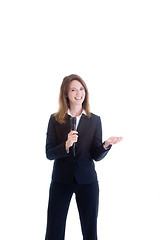 Image showing Smiling White Woman Holding Microphone, Isolated