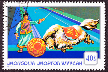 Image showing Canceled Mongolian Postage Stamp Performing Yak Pushing Ball, Ci