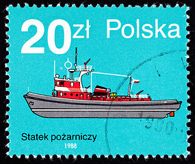 Image showing Canceled Polish  Postage Stamp Side View Red Fire boat Tug Polan