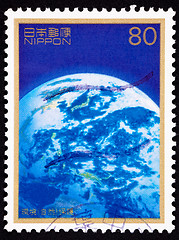 Image showing Canceled Japanese Postage Stamp Earth From Space Pacific Water C