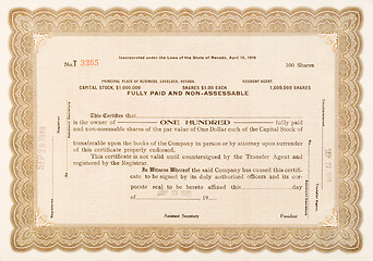 Image showing Stock Certificate Lovelock, Nevada 1918 100 Shares