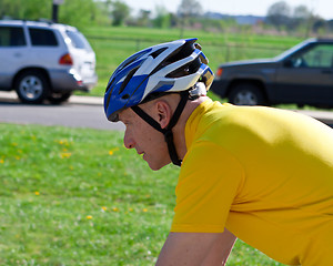 Image showing Senior Caucasian Man Biking with Shirt Bike Helmet