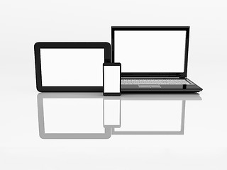 Image showing Electronics. Laptop, mobile phone and tablet pc. 3d 