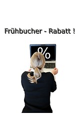 Image showing Frau mit Laptop Frühbucher Rabatt