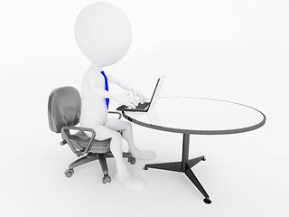 Image showing 3d business man character sitting in office chair with laptop at