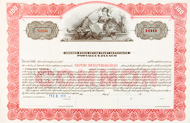 Image showing U.S. Stock Certificate 1916 Woman Reclining Lion