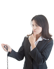 Image showing Caucasian Woman Looking at Compass Thinking Hand on Chin 