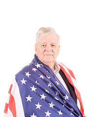 Image showing Patriotic Senior Man Wrap American Flag Isolated