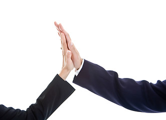 Image showing Business Man Woman Hand Giving High Five Isolated