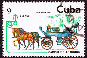 Image showing Canceled Cuban Postage Stamp Horse Team Pulling Break, Brake Car