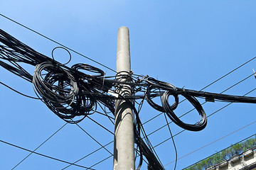 Image showing Mass of Telephone Electrical Wires On Cement Pole Shanghai China