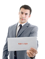 Image showing Caucasian Hispanic Man Holding Foreclsoure Notice White Backgrou