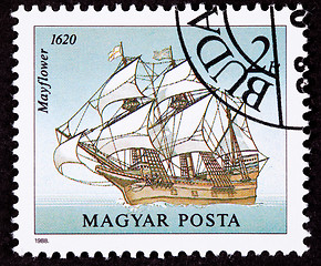 Image showing Canceled Hungarian Postage Stamp Mayflower Sailing Ship Pilgrams