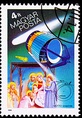 Image showing Hungarian Postage Stamp Giotto Spacecraft Halley's Comet, Adorat