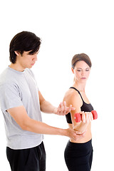 Image showing Asian Man Caucasian Woman Talking Working Out Gear White Backgro