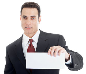 Image showing Caucasian Man Holding Blank Sign, Isolated White Background