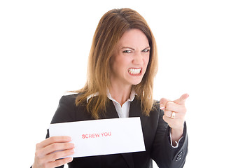 Image showing Angery Caucasian Woman Pointing Accusing Finger Holding Envelope