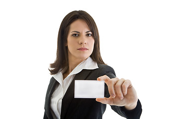 Image showing White Businesswoman Suit, Business Card, Isolated