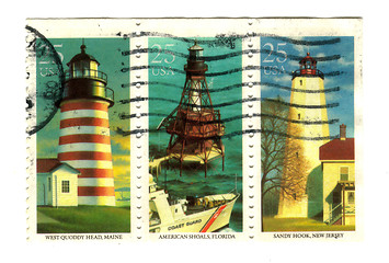 Image showing Old postage stamps from USA with Lighthouses 