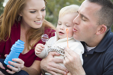 Image showing Young Parents Blowing Bubbles with their Child Boy in Park