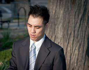 Image showing Asian Businessman Outside Looking Down Tree