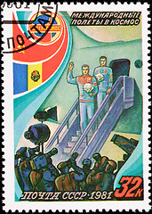 Image showing Soviet Postage Stamp Cosmonauts Exit Airplane Press Conference