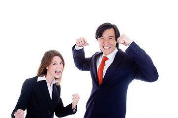 Image showing Caucasian Woman Asian Man in Suits Cheering