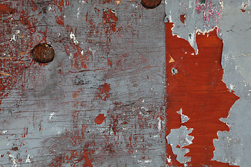 Image showing XXXL Full Frame Red Paint Peeling off Wood Board