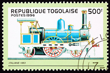 Image showing Canceled Togo Postage Stamp Old Italian Railroad Steam Engine Lo