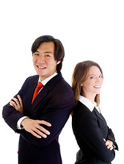 Image showing Smiling Asian Business Man Woman Back-to-Back