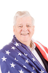 Image showing Patriotic Senior Man Wrap American Flag Isolated