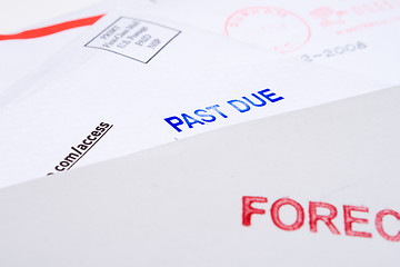 Image showing Pile Mail Stamped FORECLOSED PAST DUE Isolated