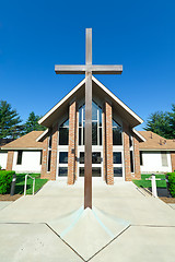 Image showing Modern Church A Frame Gabled Roof Metal Cross