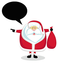 Image showing Cartoon Santa with speech bubble holding red bag and pointing left  