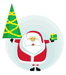 Image showing Santa holding Christmas tree and present. Vector illustration  