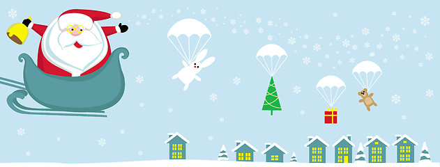 Image showing Cartoon Santa with bell in sleight dropping presents with parachutes  