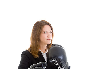 Image showing Caucasian Woman Suit and Boxing Gloves Sideways Glance Isolated 