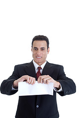 Image showing Handsome Caucasian Man Ripping Envelope, Isolated on White