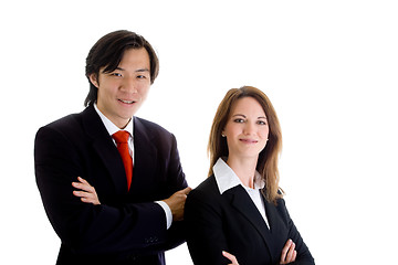 Image showing Confident Business Team, Asian Man Caucasian Woman White Backgro