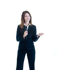 Image showing Smiling Caucasian Woman Holding Microphone White Background