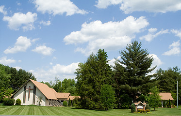 Image showing Modern Church A Frame Roof, Lawn, Trees, Blue Sky
