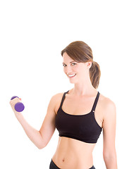 Image showing Caucasian Woman Lifting Hand Weight Working Out White Background