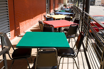 Image showing Colorful Tables Chairs Outdoor Restaurant Cafe USA