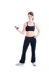 Image showing Full Length Slender Smiling Caucasian Woman Working Out Hand Wei