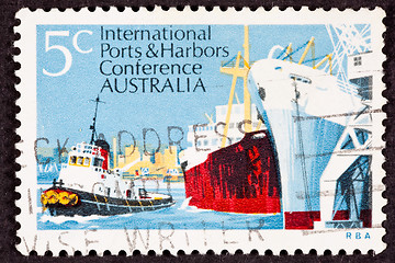 Image showing Post Stamp Used Tug Freighter Ship Docked Harbor